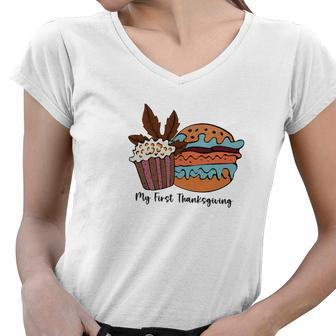 Fall My First Thanksgiving Cupcake Hamburger Women V-Neck T-Shirt - Seseable