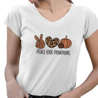 Fall Peace Love Pumpkins Women V-Neck T-Shirt - Seseable