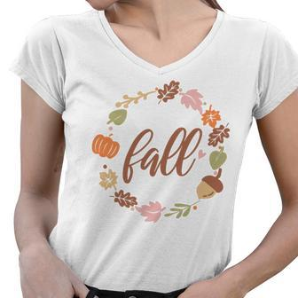 Fall Retro Flower Leaf Circle Women V-Neck T-Shirt - Seseable