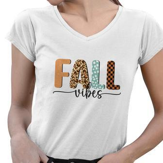 Fall Vibes Pattern Vintage Style Women V-Neck T-Shirt - Seseable