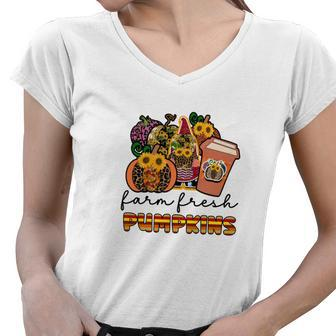 Farm Fresh Pumpkins Fall Season Gnomes Coffee Hobby Women V-Neck T-Shirt - Seseable