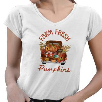 Farm Fresh Pumpkins Truck Gnomes Fall Women V-Neck T-Shirt - Seseable