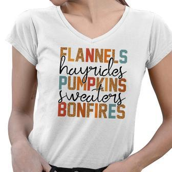 Flannels Hayrides Pumpkins Sweaters Bonfires Fall Retro Women V-Neck T-Shirt - Seseable