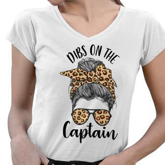 Funny Captain Wife Dibs On The Captain Saying Cute Messy Bun Women V-Neck T-Shirt - Thegiftio UK