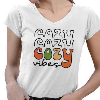 Funny Cozy Vibes Thanksgiving Fall Women V-Neck T-Shirt - Seseable