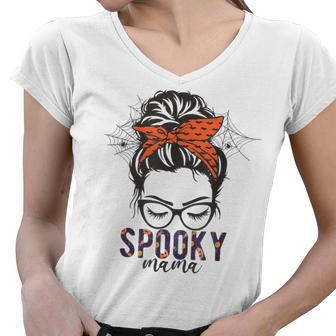 Funny Halloween Spooky Mom Messy Bun Skull Mama Costume Women V-Neck T-Shirt - Seseable