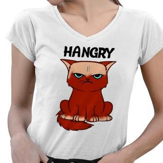Funny Hangry Cat Cartoon Style Humor Tee Women V-Neck T-Shirt | Mazezy