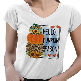 Funny Hello Pumpkin Season Fall Women V-Neck T-Shirt
