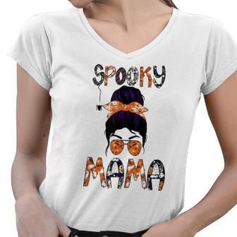 Funny Spooky Skull Witch Mom Halloween Spooky Mama Halloween Women V-Neck T-Shirt - Seseable