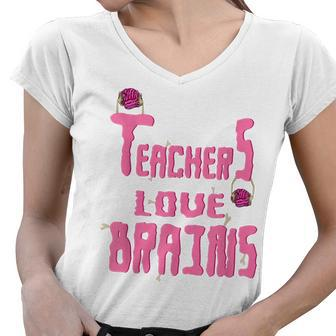 Funny Teachers Love Brains Teacher Zombie Halloween Women V-Neck T-Shirt - Thegiftio UK