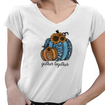 Gather Together Leopard Blue Pumpkin Fall Women V-Neck T-Shirt