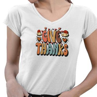 Give Thanks Groovy Style Retro Fall Season Women V-Neck T-Shirt - Seseable