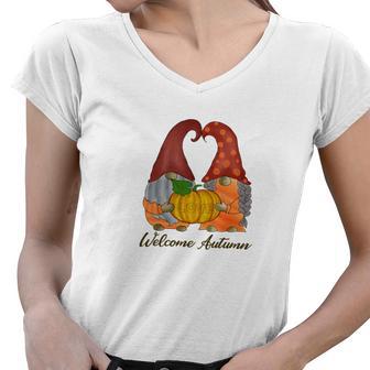 Gnomes Couple Welcome Autumn Fall Season Women V-Neck T-Shirt - Seseable