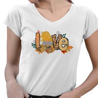 Gnomes Love Leopard Plaid Autumn Fall Women V-Neck T-Shirt - Seseable