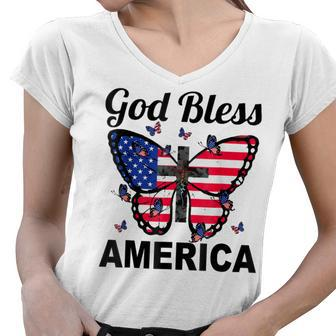 God Bless America Butterflies 4Th Of July Jesus Christ Cross Women V-Neck T-Shirt - Seseable