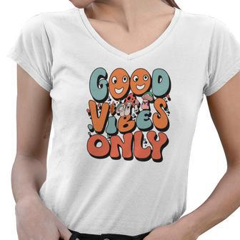 Good Vibes Only Fall Groovy Style Women V-Neck T-Shirt - Seseable