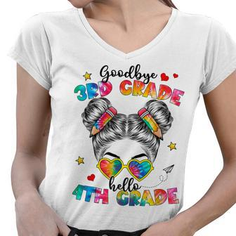Goodbye 3Rd Grade Hello 4Th Grade Messy Bun Teacher Kids Women V-Neck T-Shirt - Seseable