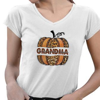 Grandma Pumpkin Thankful Grateful Blessed Fall Season Women V-Neck T-Shirt - Seseable