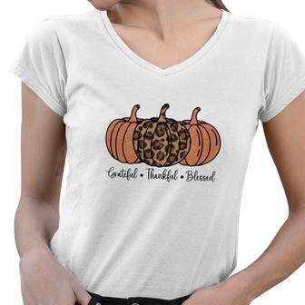 Grateful Thankful Blessed Three Pumpkins Orange Leopard Fall Women V-Neck T-Shirt | Seseable CA