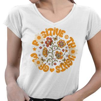 Grow Positive Thoughts Retro Hippie Butterfly And Flower Women V-Neck T-Shirt - Thegiftio UK