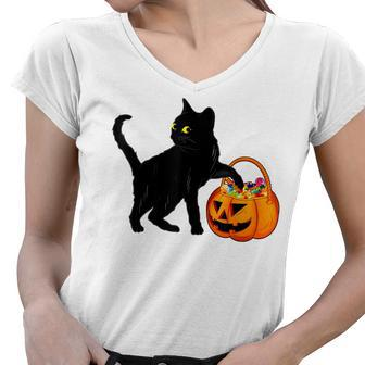 Halloween Black Cat Jack O Lantern Pumpkin Sweet Candy Women V-Neck T-Shirt - Seseable