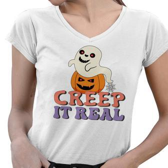 Halloween Boo With Pumpkin Creep It Real Women V-Neck T-Shirt - Seseable