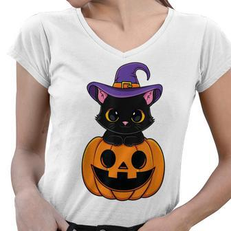 Halloween Cute Black Cat Witch Hat Pumpkin For Kids Girls Women V-Neck T-Shirt - Seseable