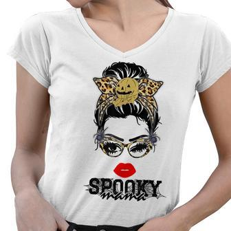 Halloween Leopard Print Messy Bun Spooky Mama Women V-Neck T-Shirt - Seseable