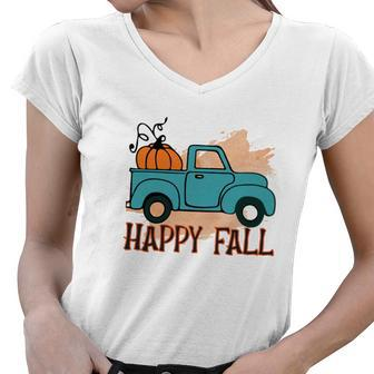 Happy Fall Pumpkin Truck Women V-Neck T-Shirt - Seseable