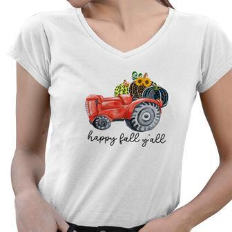 Happy Fall Yal Pumpkin Sunflower Truck Women V-Neck T-Shirt - Seseable