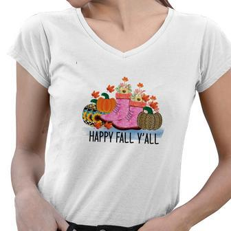 Happy Fall Yall Autumn Lovers Women V-Neck T-Shirt - Seseable