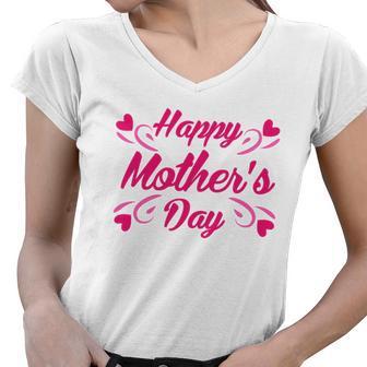 Happy Mothers Day Hearts Gift Tshirt Women V-Neck T-Shirt - Monsterry