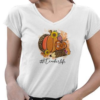 Happy Teacher Life Fall Autumn Pumpkin Women V-Neck T-Shirt - Seseable