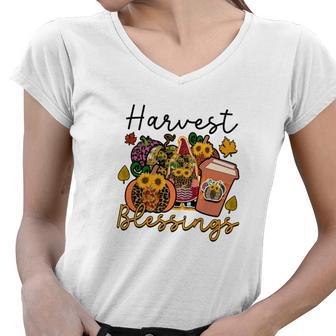 Harvest Blessings Fall Presents Gnomes Coffee Flowers Women V-Neck T-Shirt - Seseable