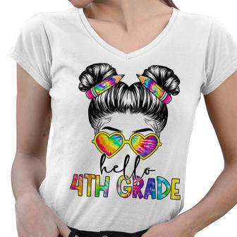 Hello 4Th Fourth Grade Messy Bun Back To School Tie Dye Girl Women V-Neck T-Shirt - Seseable