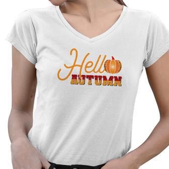 Hello Autumn Pumpkin Hello Fall Women V-Neck T-Shirt - Seseable