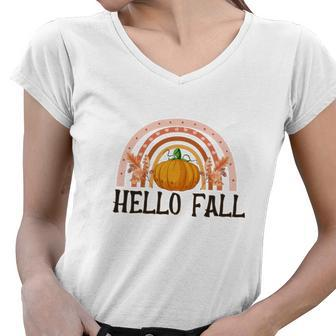 Hello Fall Boho Rainbow Pumpkin Women V-Neck T-Shirt - Seseable