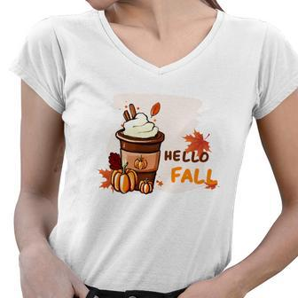 Hello Fall Coffee Pumpkin Love Women V-Neck T-Shirt - Seseable