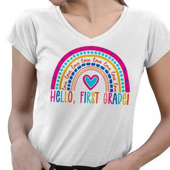 Hello First Grade Rainbow Back To School Teacher Kids Women V-Neck T-Shirt - Seseable