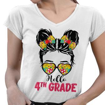 Hello Fourth Grade Messy Bun Girls 4Th Grade Back To School Women V-Neck T-Shirt - Seseable