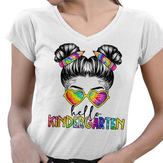 Hello Kindergarten Messy Bun Back To School Kid Girl Tie Dye Women V-Neck T-Shirt - Seseable