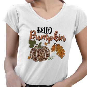 Hello Pumpkin Leopard Plaid Autumn Leaves Fall Women V-Neck T-Shirt - Seseable