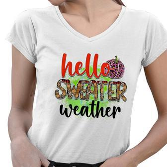 Hello Sweater Weather Pumpkin Fall Women V-Neck T-Shirt - Seseable