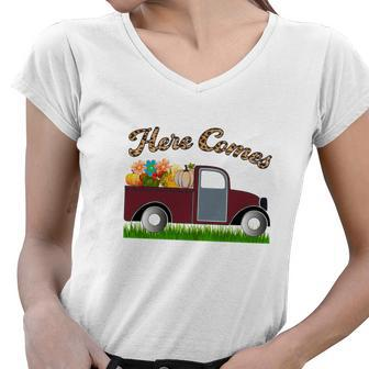 Here Comes Fall Trucks Flowers Pumpkins Women V-Neck T-Shirt - Seseable