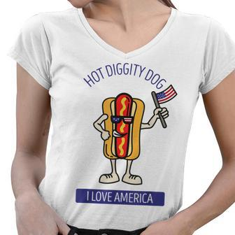 Hot Diggity Dog July 4Th Patriotic Bbq Picnic Usa Funny Women V-Neck T-Shirt - Seseable