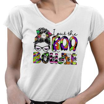 I Put The Boo In Boujee Mama Halloween Costume Messy Bun Women V-Neck T-Shirt - Seseable