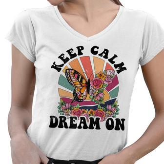 Keep Calm Dream On Vintage Boho Design V2 Women V-Neck T-Shirt - Seseable