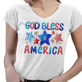 Kids Cute American Flag Girls 4Th Of July God Bless America Kids Women V-Neck T-Shirt - Seseable