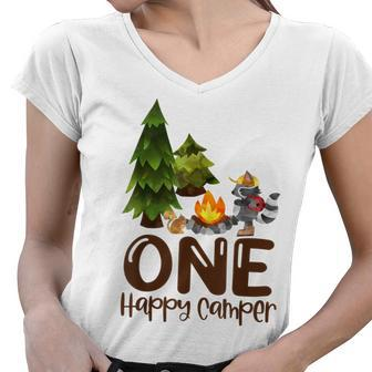Kids One Happy A Camper Birthday Camping Lover 1St Birthday Women V-Neck T-Shirt - Seseable