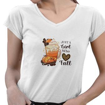Latte Cream Just A Girl Who Loves Fall Women V-Neck T-Shirt - Seseable